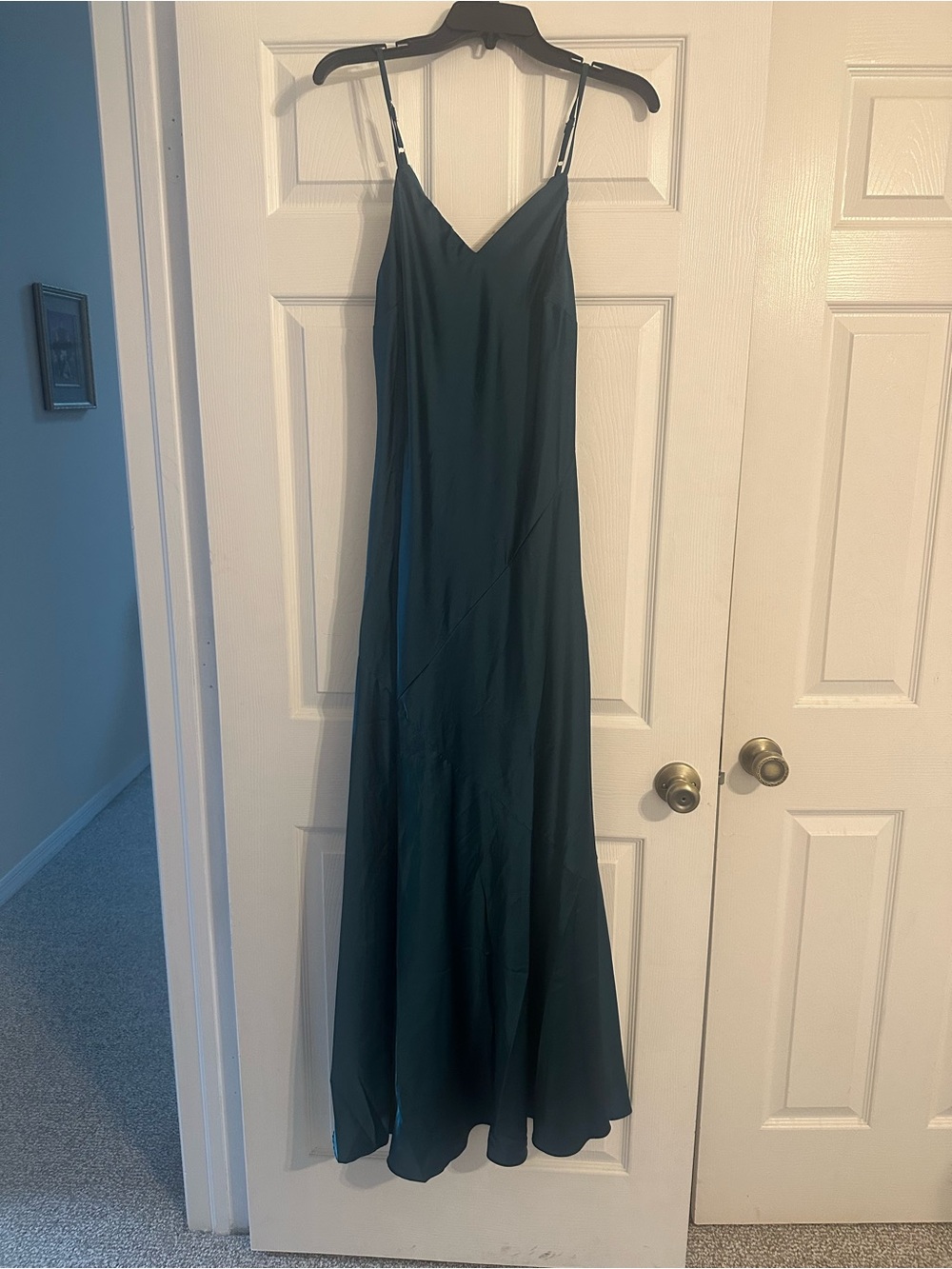 NWT Elegant Forest Green Slip Maxi Dress with Spaghetti Straps and High Slit